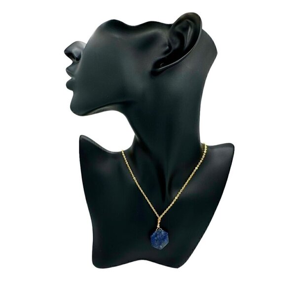NWT Lapis Lazuli Hexagon Pendant Necklace 14K Gold Plated Genuine 18” - Picture 5 of 11